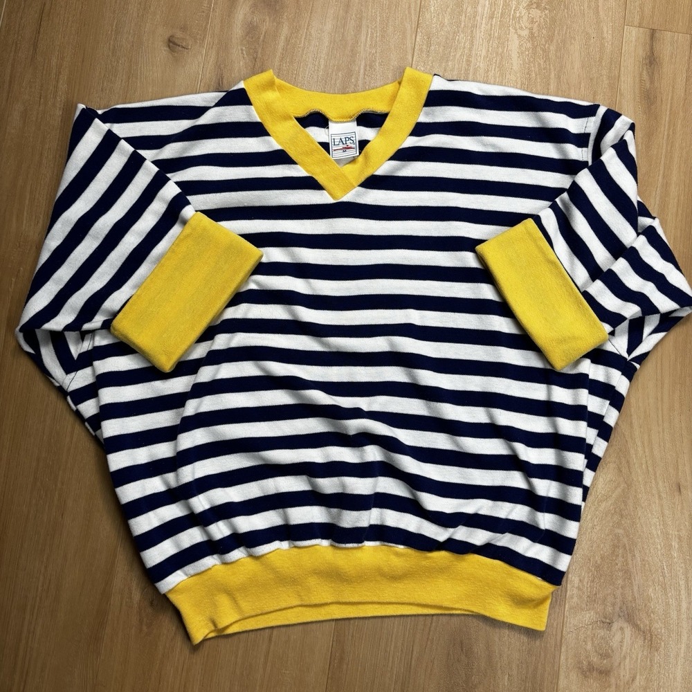 VTG Women's Med Short Sleeve Sweatshirt Blue & White Stripe Short Cuffs Nautical